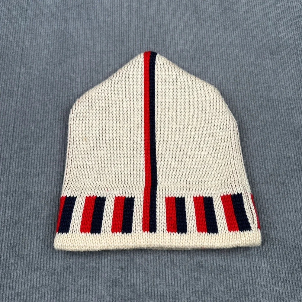Vintage Wigwam Mills 100% Virgin Wool Beanie Hat Cream Red Navy Stripe USA Made